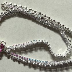 PAIR STERLING SILVER payal red green meena crystals BELL ANKLET BOLLYWOOD INDIA