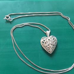 Made In Italy- 925 Sterling Silver Puffy Heart Pendant W/ 24” 925 Sterling Silver Box Chain 