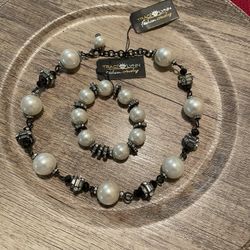 Traci Lynn Pearly 18”-20” Rhinestone Necklace And Bracelet 
