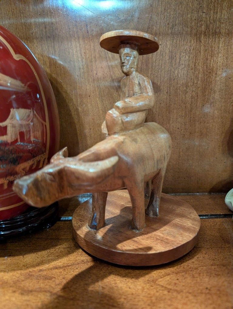 Vintage Wooden Carving Man Riding Ox