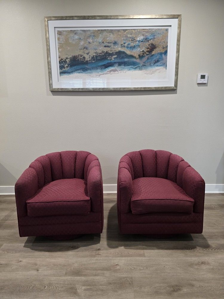 1970s Mid Century Modern Classic Barrel Scalloped Back Swivel Chairs (Pair)