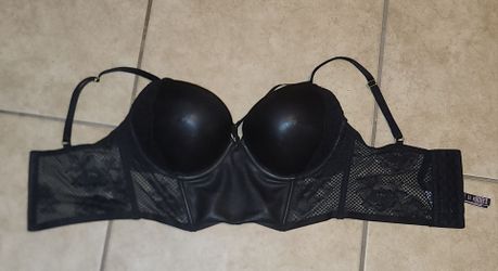 NEW WITH TAGS VICTORIAS SECRET VERY SEXY BLACK LACE LONGLINE CORSET BUSTIER BRA PUSH UP CROP TOP 36D FAUX LEATHER