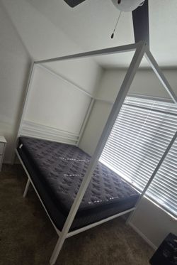Full Size White Canopy Bed Frame with Mattress