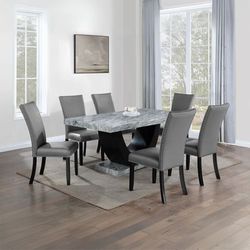 💎MODERN 7 PIECE DINING TABLE SET FUAX STONE TOP PARSON CHAIRS COMEDOR💎
