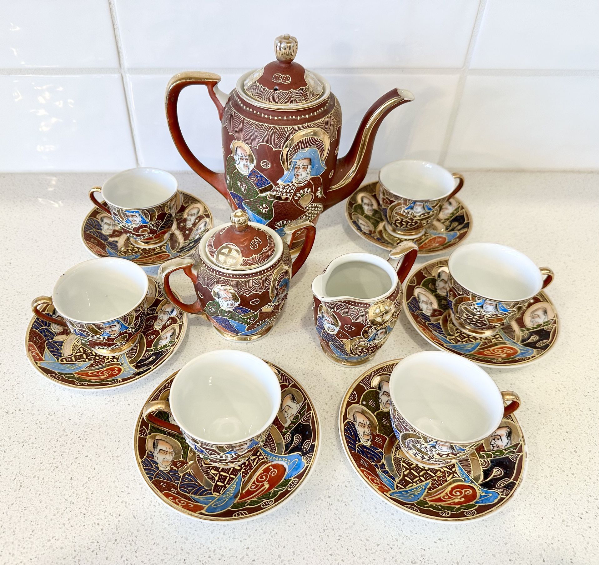 Vintage Antique Japanese Satsuma Teapot Set Creamer, Sugar Bowl, Saucers, Cups Red (17) Pieces 