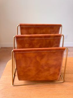 Mid Century Modern 3-Tier Leather Magazine Rack Gold Metal