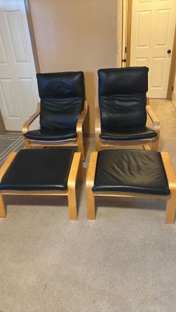 Vintage IKEA POÄNG Leather Chairs & Ottomans – Set of 2 – $440