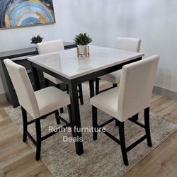 5-pc Counter Height Dining Set White Faux Marble Table Top White Faux Upholstered  Chairs
