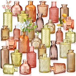 Yaomiao 30 Pcs Vases Bulk Colored Flower Glass Vases Bud Vintage Colored Glass Bottles Colorful Rustic Embossed For Home Wedding Table Decorations Gif