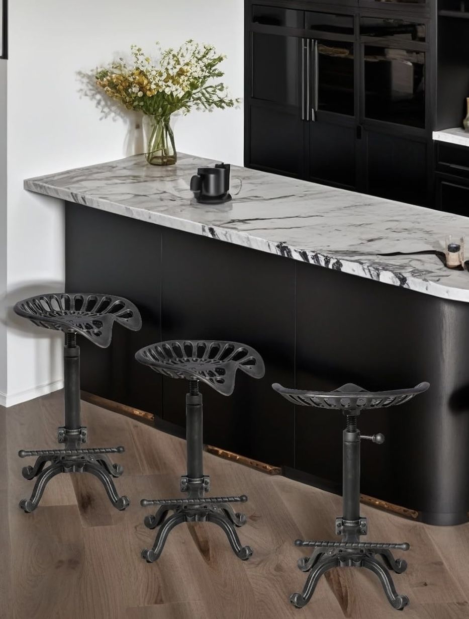 New assembled set of 3 Rustic Industrial Farmhouse Tractor Seat Adjustable Bar Stool Industrial bar Chair (Silver, Cast Iron)