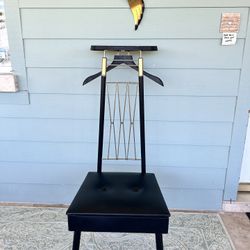 Vintage Mid Century Modern 1960'd Valet Chair Brass Butler, Black Vinyl Seat with Storage