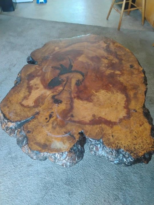 Oregon Mrytle Wood Burl Slab Table 54x40x3" Thick Hand Made Heavy Wood Root Legs