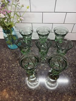 13  Vintage Fostoria Jamestown Green Footed Goblet 8 Tea 5 Champaign Glasses 8oz