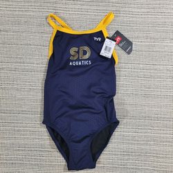 Brand New TYR Swimsuit Size 28 Blue Yellow One-Piece Swimwear Bathing Suit