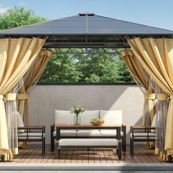 TREXM 10'x10' Hardtop Outdoor Gazebo with Polycarbonate Roof, Patio Gazebo with Aluminum Frame, Mosquito Netting and Privacy Screens for Shade and Rai