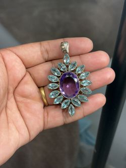 Vintage 925 Sterling Silver Amethyst & Aquamarine Sunburst Pendant 32.4g 