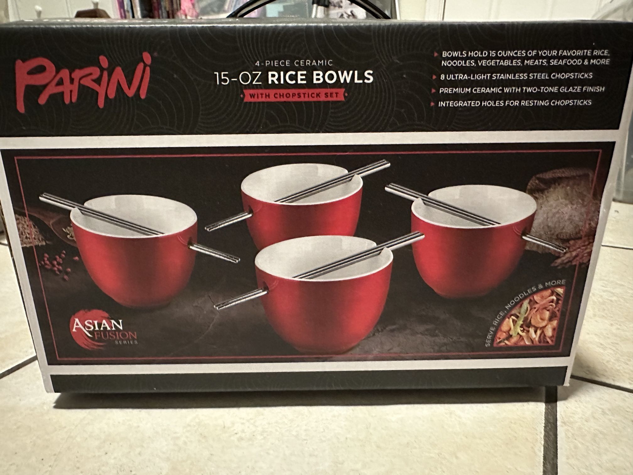 Parini Rice Bowls Set Of 4 Red Ceramic With 8 Stainless Steel Chopsticks New