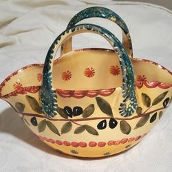 Vintage Italica ARS Hand Painted Pottery Basket. Designed with Olives Branches