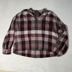 Madewell Womens Highroad Popover Shirt Plaid Burgundy Long Sleeve Top size XS extra small Blouse