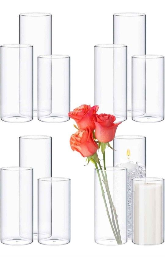 12 Pcs Glass Cylinder Vases Clear Flowers Vase Decorative Candles Holders Table Centerpieces for Wedding Party Event Home Office Decor (4.7", 5.9", 7.