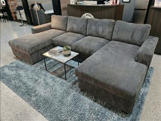 Gray Corduroy U-Shaped Sectional Sofa