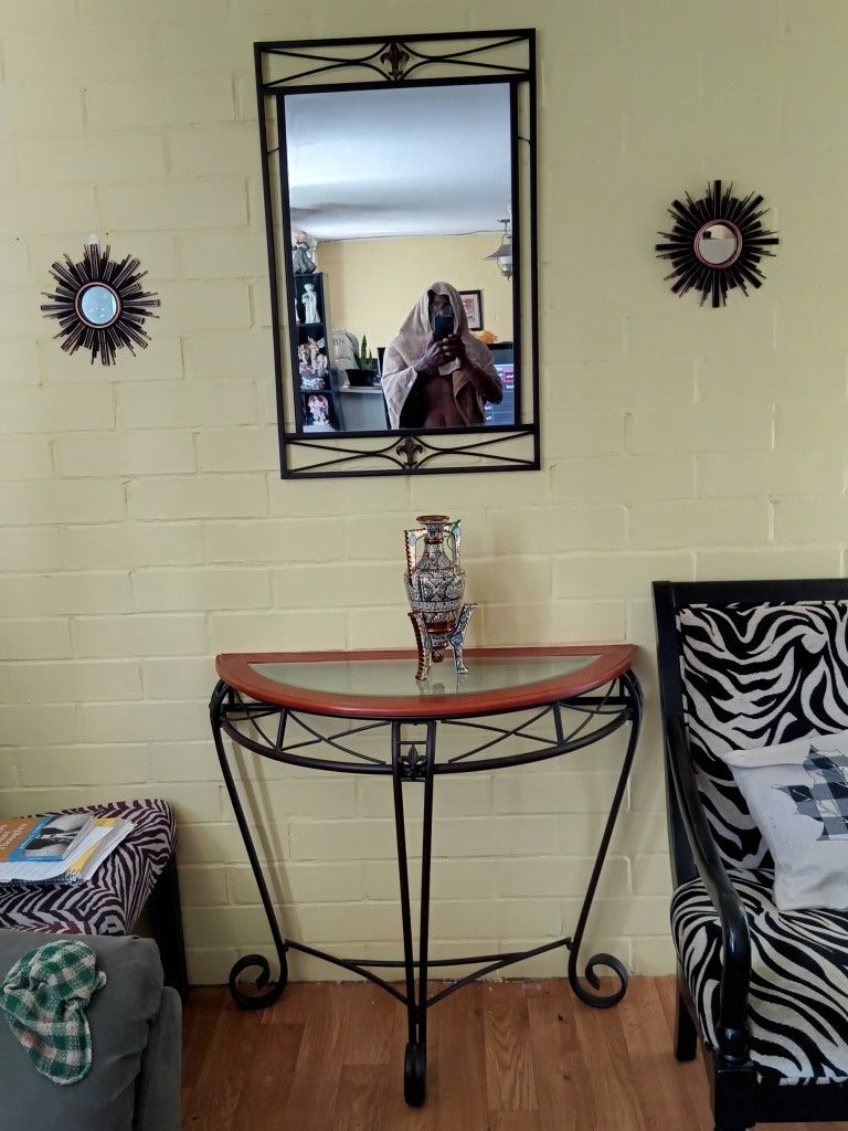 Glass Walnut Wrought Iron Entry Table, With Matching Mirror