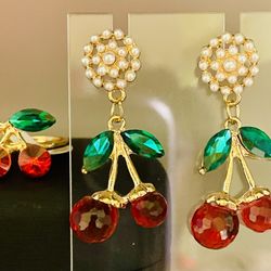 Rhinestone Cherry Earrings And Ring Duo