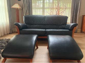 Black Genuine Leather Sofa + 2 Ottomans – Elegant & Timeless
