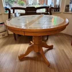 Round Tile-Top Dining oak Table with Extendable Leaf – 