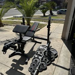 Bench press/squat rack with 7ft 45lbs bar plus 245lbs of Olympic weights and curl bar