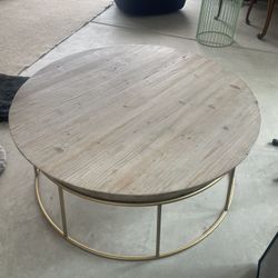 39” West Elm Round Wood And Metal Table In Good Condition
