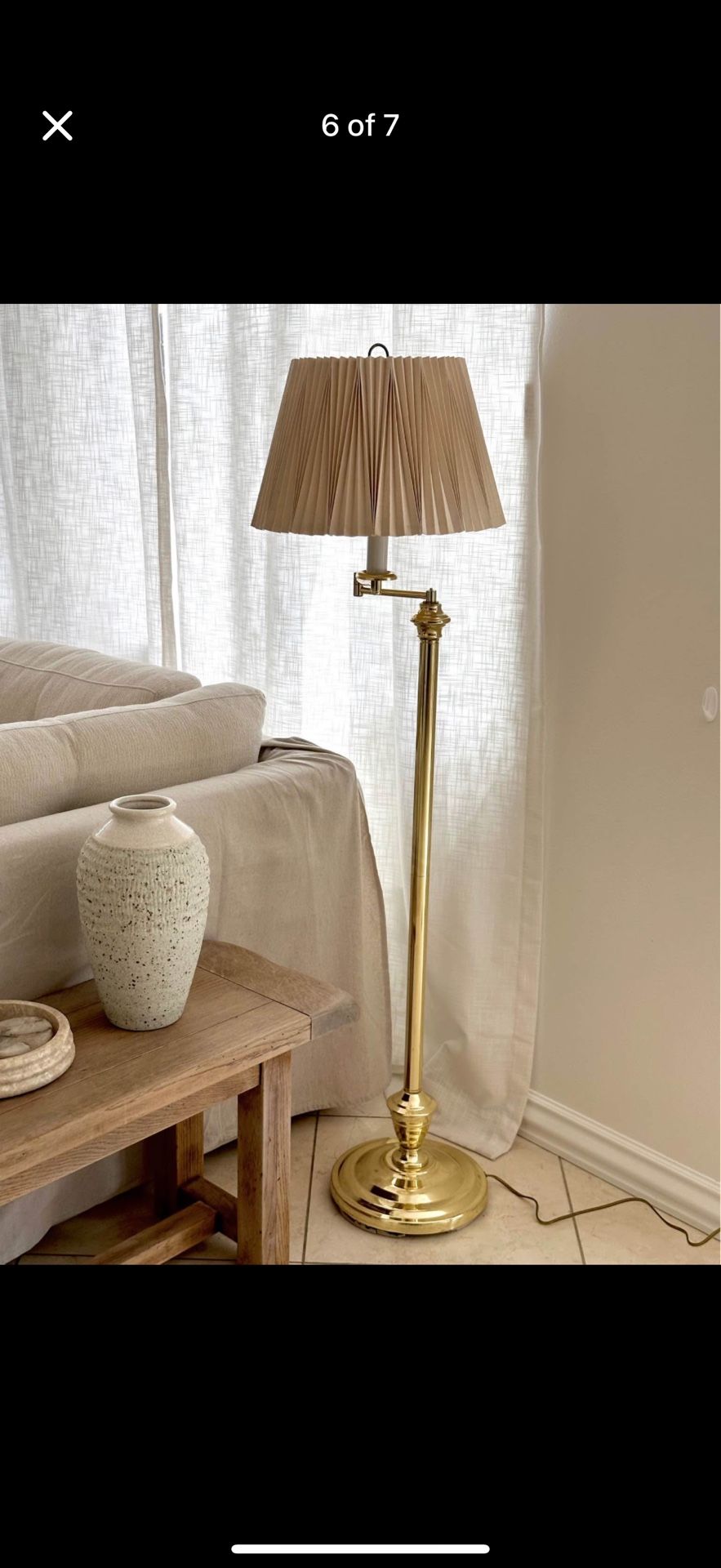 Vintage Brass Swing Arm Floor Lamp with Pleated Shade
