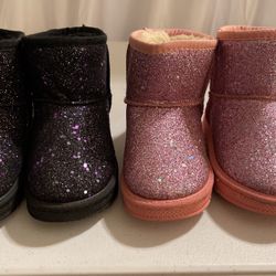 Sugmzox Girl's Boots Kids Glitter Snow Boots Durability Slip Resistant Outdoor Ankle Boots(Toddler/Little Kids) Pink And Black