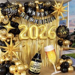 Happy New Year Decorations 2026 with Black Gold Confetti Balloons 2026 Number Balloons New Year Banner Gold Fringe Curtain Backdrop for New Years Eve 