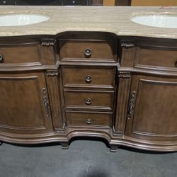 60” Bathroom Double Vanity Dual Sink Travertine Cabinet  -B2097