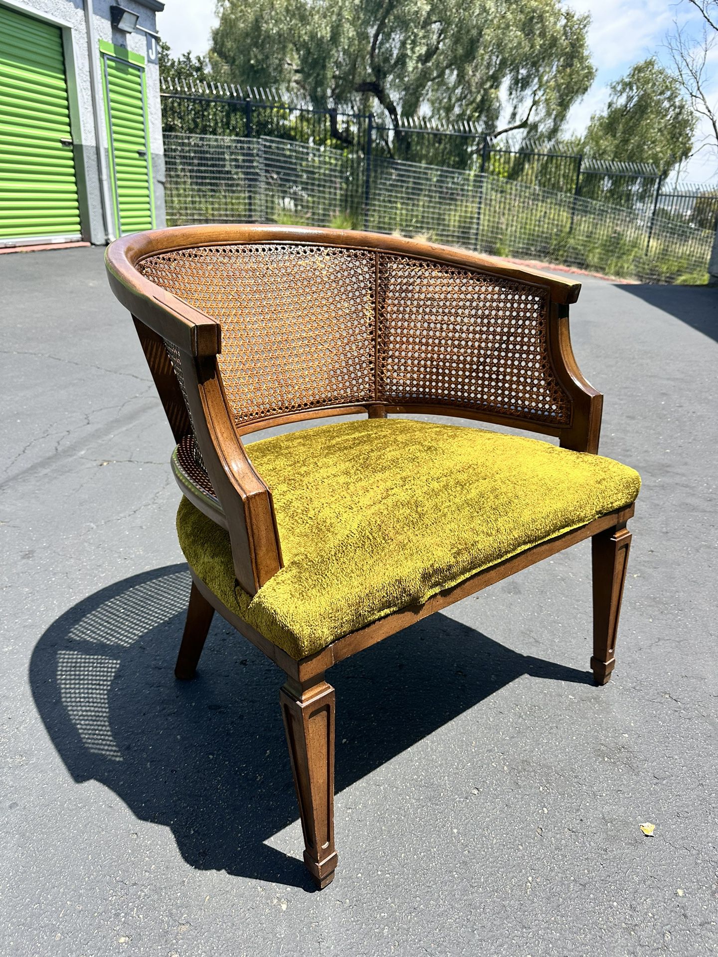 Mid Century Modern Olive Green Cane Barrel Chair