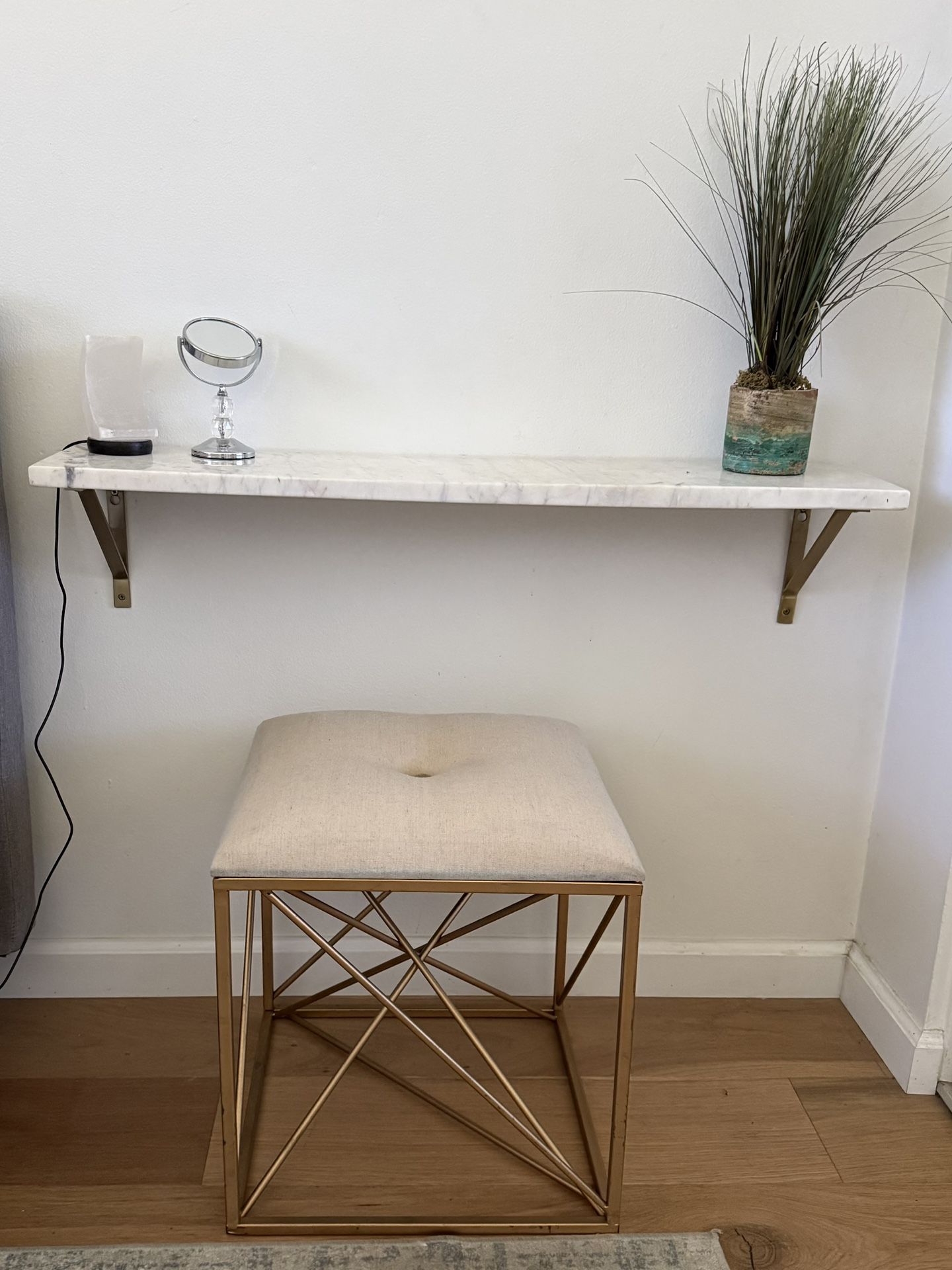 Marble Shelf and Upholstered Stool