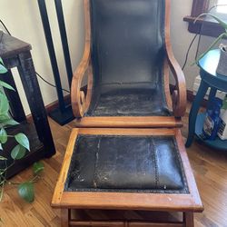Teak Wood and Black Leather Chair with Ottoman 