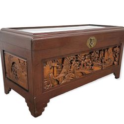 Antique Carved Asian Trunk Footlocker 
