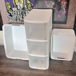 THREE PIECE STERILITE HEAVY DUTY STORAGE & ORGANIZATION SET : THREE DRAWER TOWER & TWO SUPER SOLID STORAGE BINS! PRICE IS FOR ALL! 