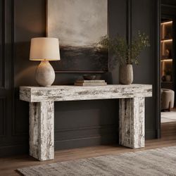 63-Inch Long Console Table, Farmhouse Wooden Sofa Table, Narrow Entryway Table(Distressed White)