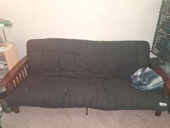 Barely Used Futon Sofa (Converts to Queen Bed) – Wood & Metal Frame (Frederick)