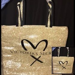 NEW VICTORIA'S SECRET LOGO LARGE BLACK GOLD GLITTER BLING HEART TOTE DUFFLE BAG PURSE