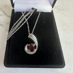 925 Sterling Silver Garnet Necklace - 18in 925 Sterling Silver Chain 