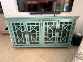 Teal Distressed Wood Sideboard with Glass Doors