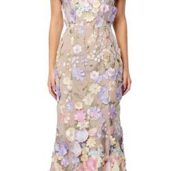 NeeMee Women's 3D Floral Embroidery Dress Ruffle Sleeve Fishtail Lace Bodycon