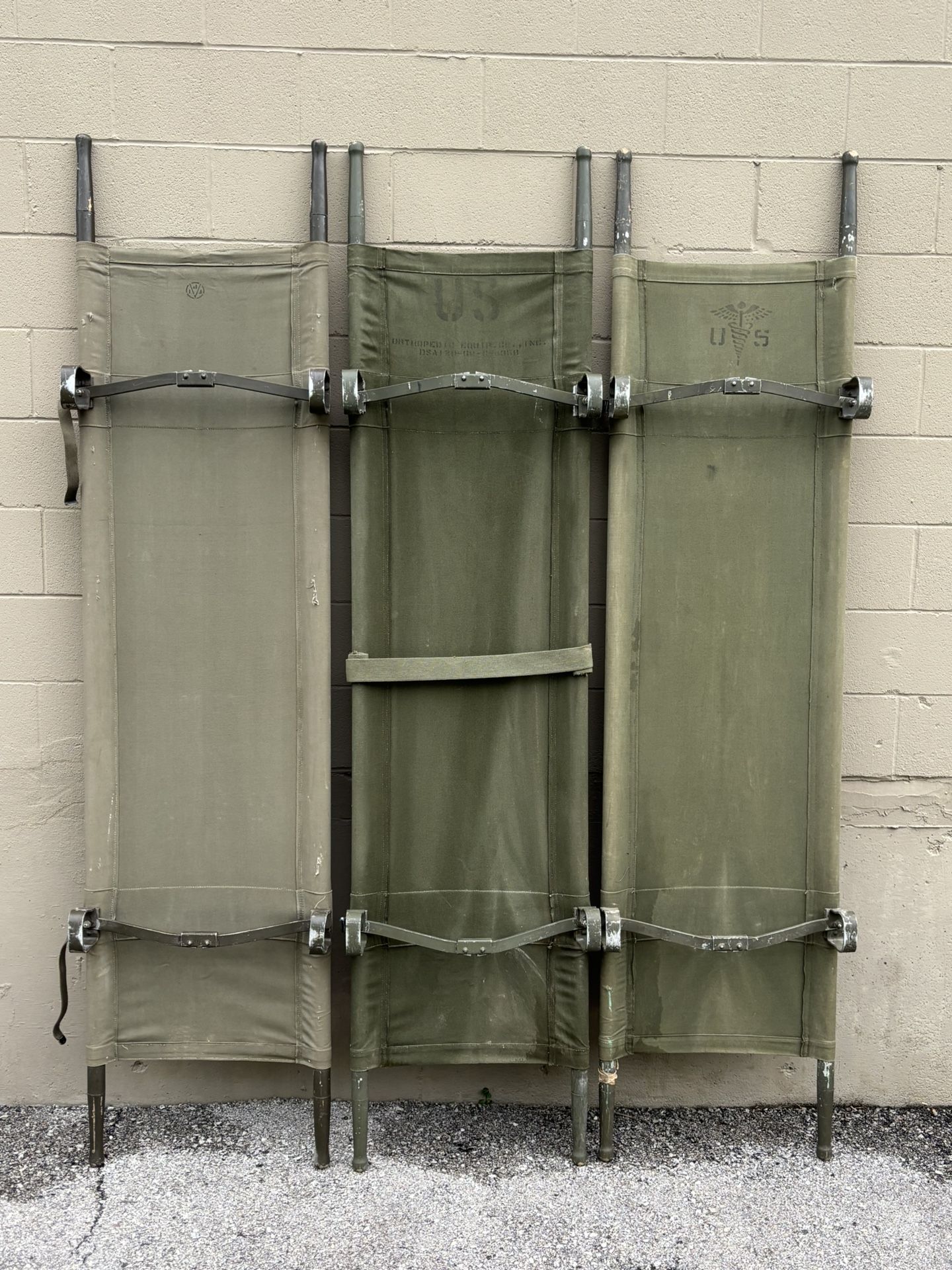 3 Vintage Us Military Folding Field Medic Stretchers