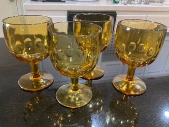 Set of Vintage Bartlett Collins amber glass thumbprint goblets