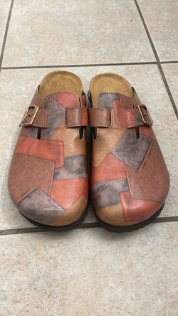 Patchwork Leather Clogs with Buckle Strap