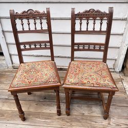 Pair of Matching Antique Victorian Carved Wood Dining Chairs